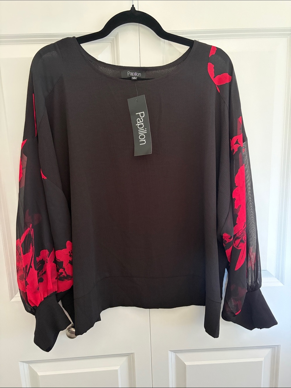 Papillon Blanc - Black Blouse with Bright Red Floral Sheer Sleeves